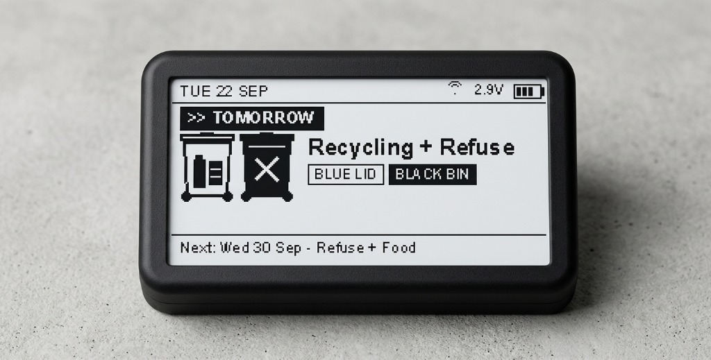 BinDay close-up showing crisp e-ink display with Recycling and Refuse screen