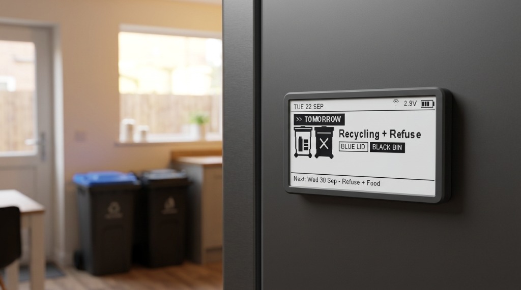 BinDay in charcoal black mounted on a kitchen fridge, real bins visible in background